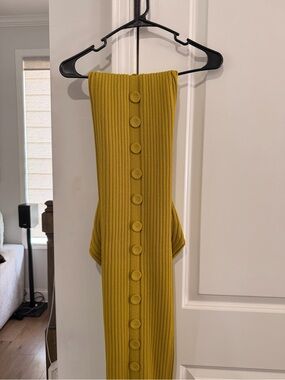 Hanifa Strapless Ribbed Button-Front Dress in Mustard Yellow
